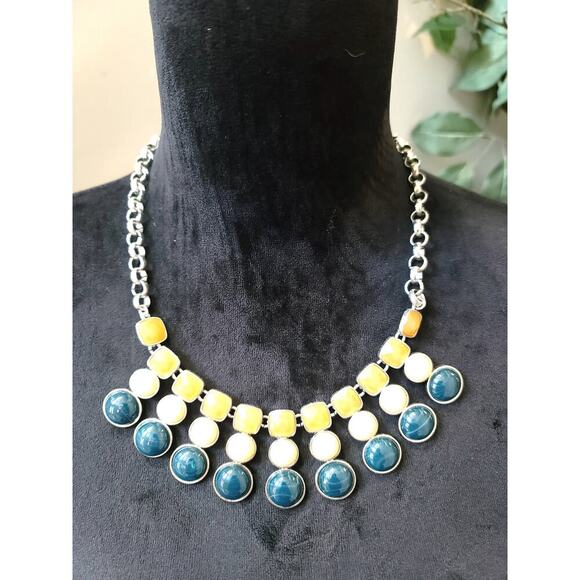 Women's Statement Necklace Blue Yellow White Drop Charms Lobster Clasp Chain - Picture 1 of 6